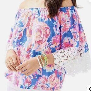 Lilly Pulitzer Multicolor Floral Off-Shoulder Top in Blue, Pink & Coral